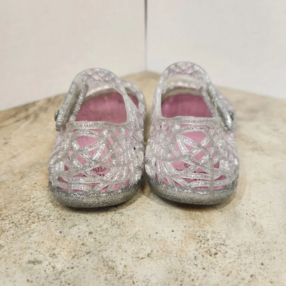 Stepping Stones Girls US 9 Silver Glitter Mary Jane Jelly Sandals Round Toe